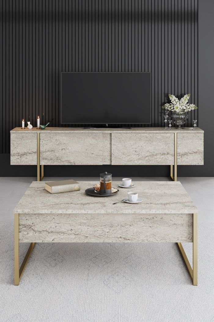 Giga Meubel - Salontafel Travertinlook|Goud - 90x60x40cm - Luxe