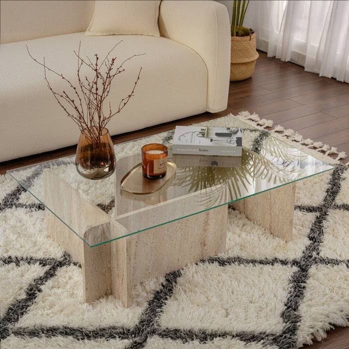 Giga Meubel - Salontafel Glas|Travertinlook - 105x65x30cm - Flavio
