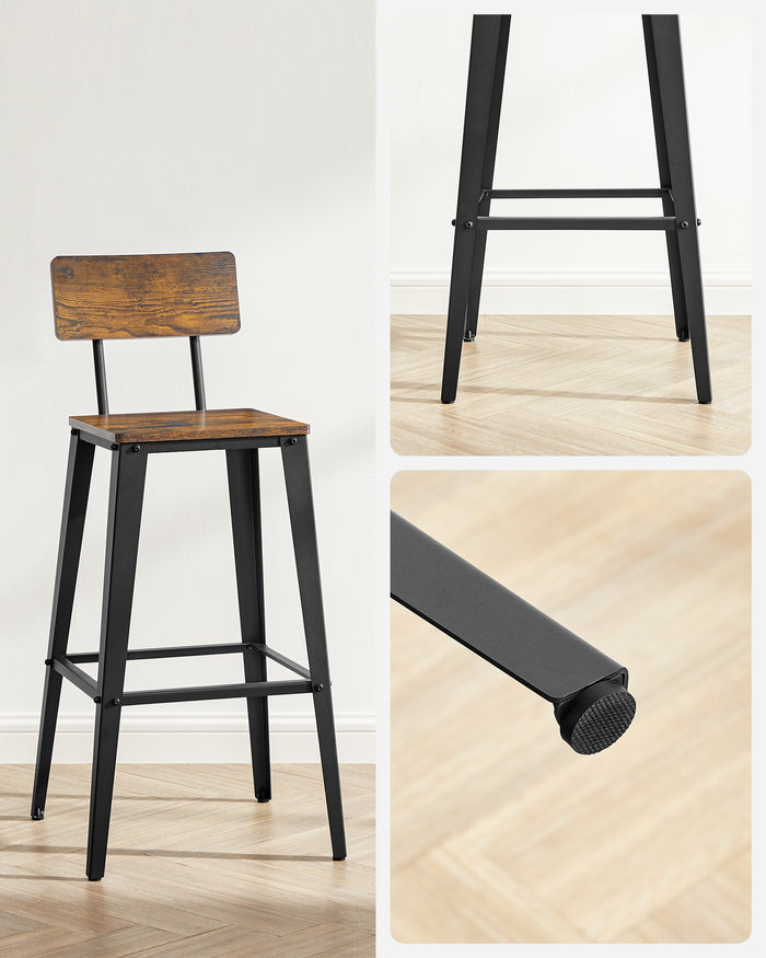 ACAZA Barkrukken - Barkruk - Barkrukken Set van 2 - Zithoogte 74 cm - Vintage Bruin - STRAK design - Barstoel - Barkrukken met Rugleuning - Voetsteun - Ronde Barkrukken - Industrieel - Barstoelen