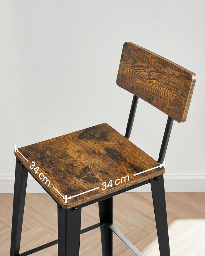 ACAZA Barkrukken - Barkruk - Barkrukken Set van 2 - Zithoogte 74 cm - Vintage Bruin - STRAK design - Barstoel - Barkrukken met Rugleuning - Voetsteun - Ronde Barkrukken - Industrieel - Barstoelen