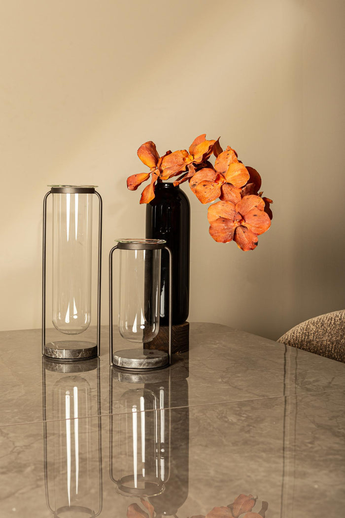 PTMD Kirsa Black round glass vase metal marble holder L