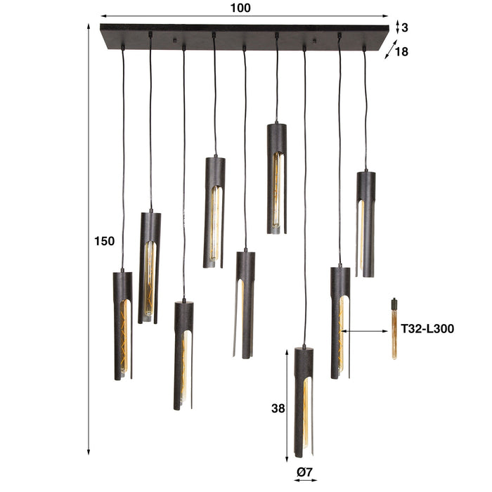 Giga Meubel - Hanglamp Zwart Metaal - 9-Lichts - 100x18x150cm