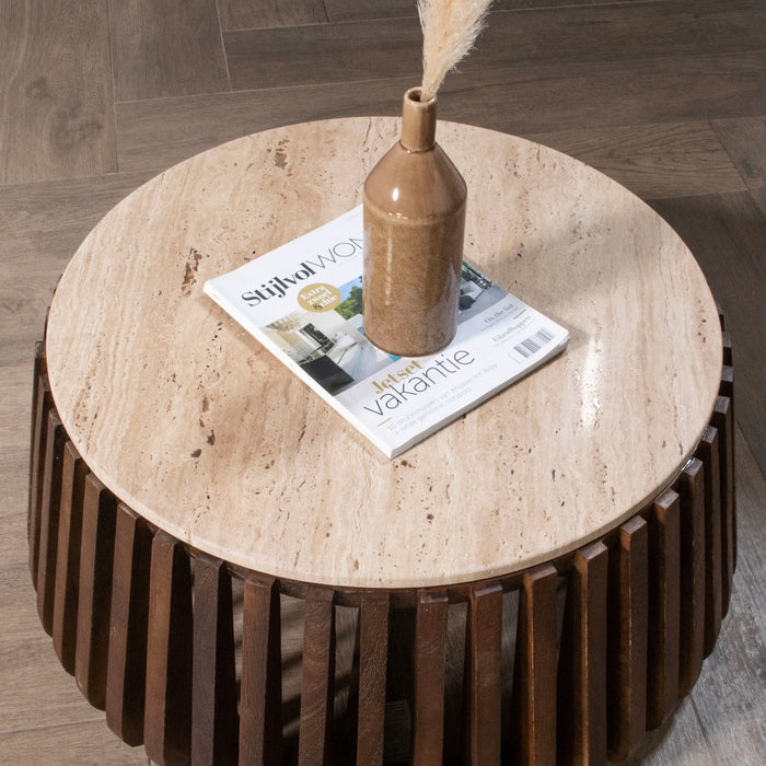 Giga Meubel - Salontafel Ø70cm Travertin - Bruin Houten Onderstel