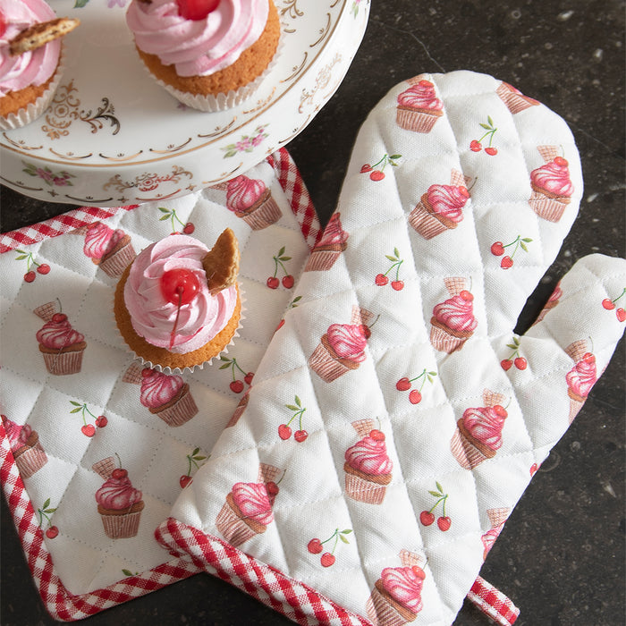 Clayre & Eef Pannenlap 20x20 cm Rood Wit Katoen Cupcakes