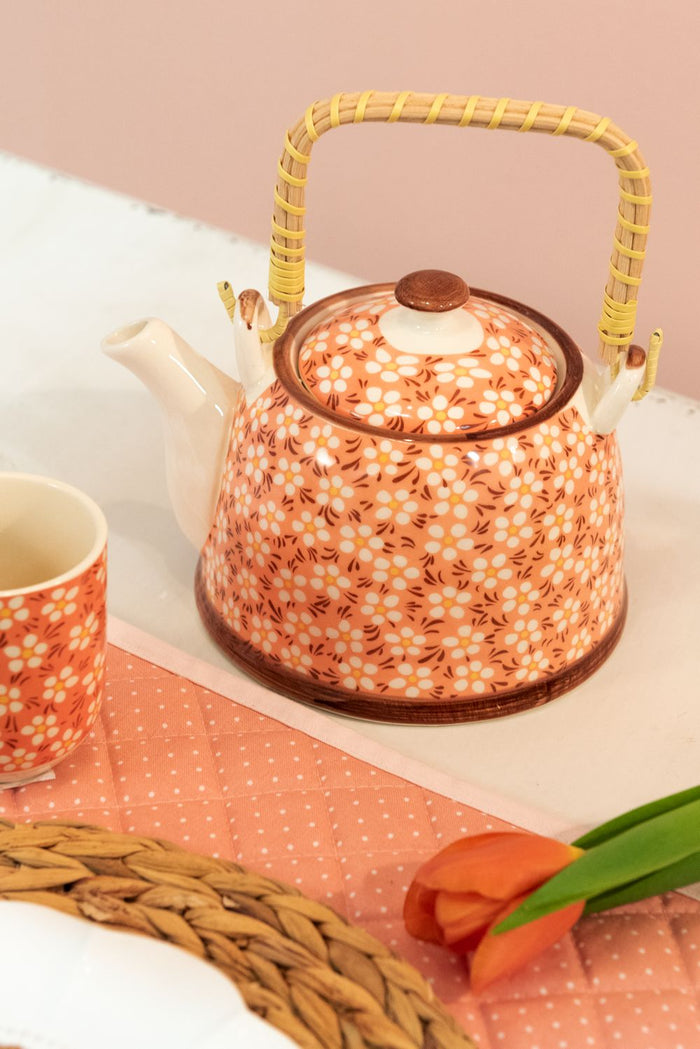 Clayre & Eef Theepot met Filter 700 ml Roze Keramiek Bloemen