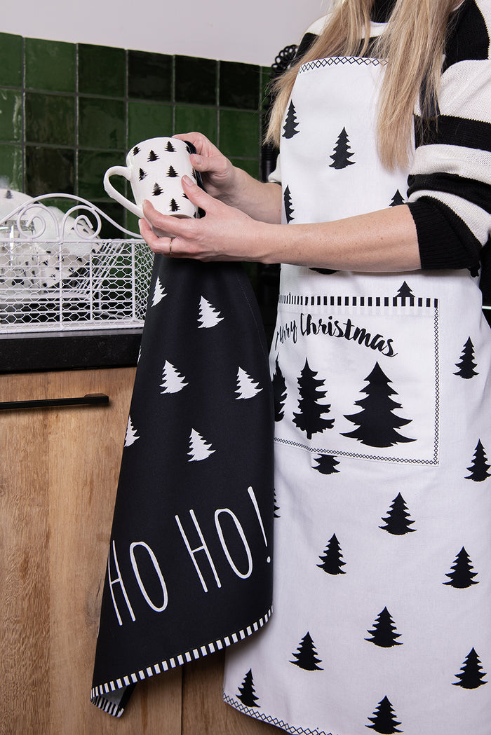 Clayre & Eef Tafelloper Kerst 50x160 cm Wit Zwart Katoen Kerstbomen