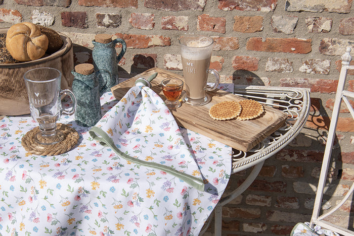 Clayre & Eef Theedoek Ø 80 cm Wit Groen Katoen Bloemen