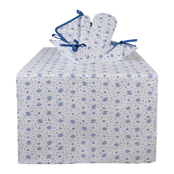 Clayre & Eef Tafelloper 50x140 cm Wit Blauw Katoen Roosjes