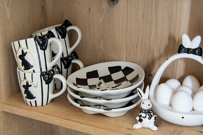 Clayre & Eef Beeld Konijn 9 cm Wit Zwart Keramiek