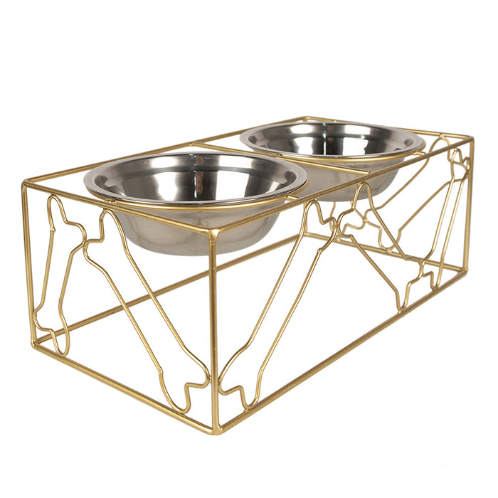 Clayre & Eef Voerbak Hond 2x500 ml Goudkleurig Ijzer Kluiven Voerbak