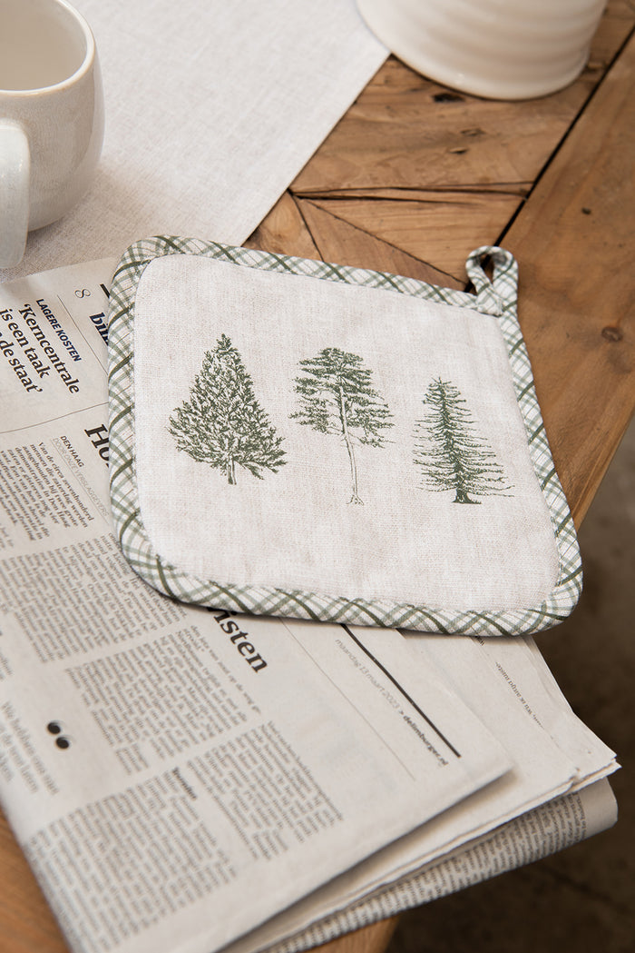 Clayre & Eef Pannenlap 20x20 cm Beige Groen Katoen Dennenbomen