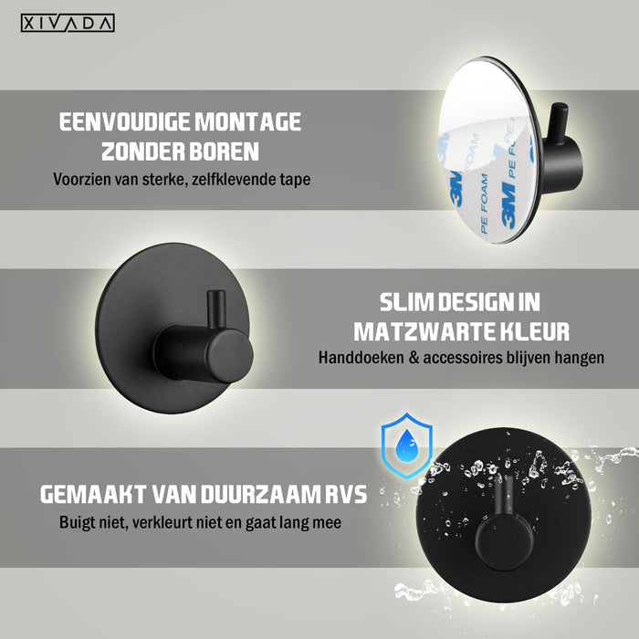 XIVADA Hannddoekhaakjes Roma - RVS - Zelfklevend - Zwart - Set van 2