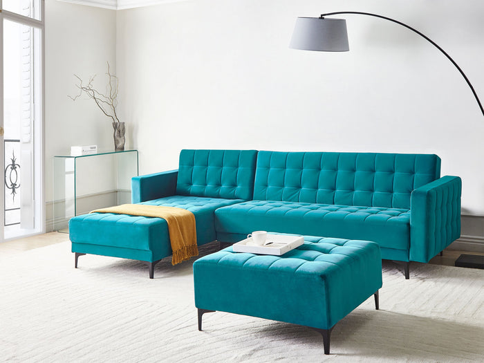 Beliani-ABERDEEN-Slaapbank met ottomaan-Zeeblauw-Rechts-Fluweel