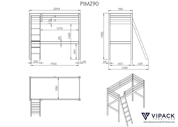 LUCEVI - Pino Mezzanine bed 90x200 cm + Ladder + Bed 90x200 cm - Grijs