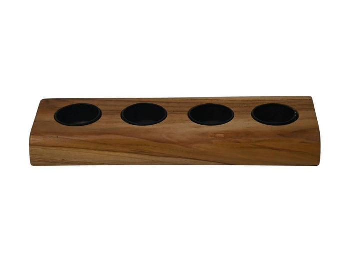 Waxinelichthouder 4 lichts - 10x30x4 - Natural|zwart - Teak