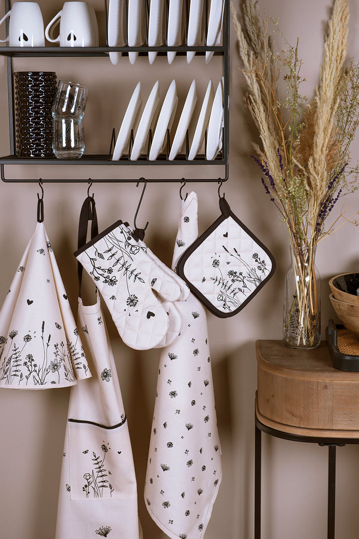 Clayre & Eef Ovenwant 18x30 cm Beige Zwart Katoen Bloemen