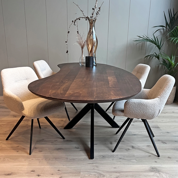 Eetkamertafel mango organisch Kidney walnoot met spinpoot 200 cm