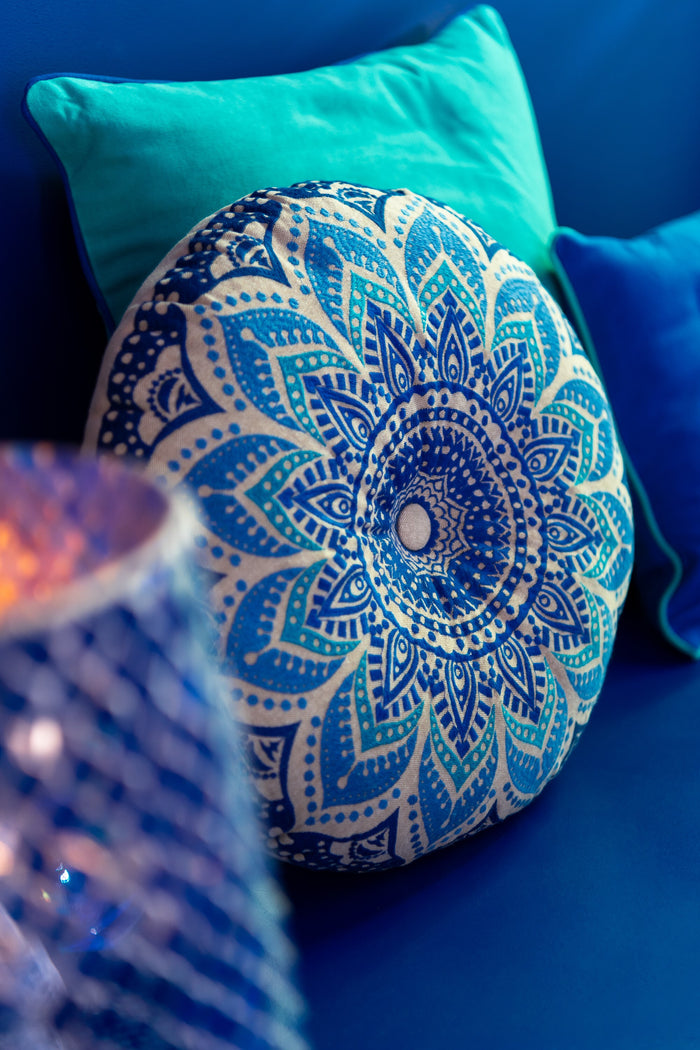 J-Line kussen Rond Bloem - katoen - turquoise|blauw - 2 stuks