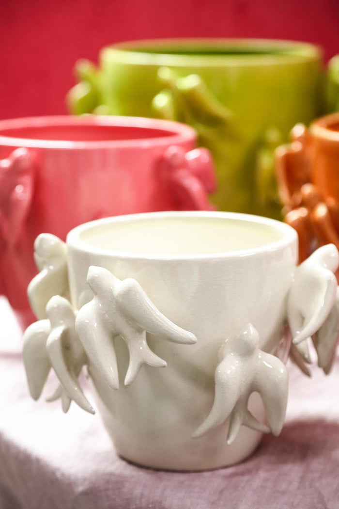 PTMD Emmelyn White Round Ceramic Glazed Pot Birds L