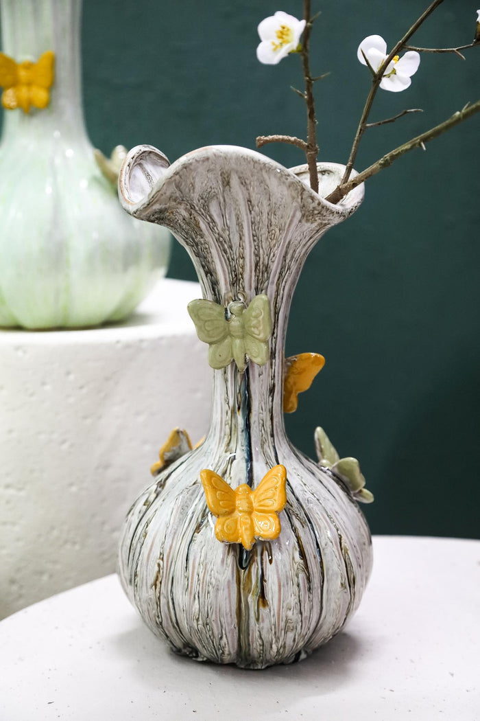 PTMD Tamarae Cream Ceramic Flowy Vase W Butterfly L