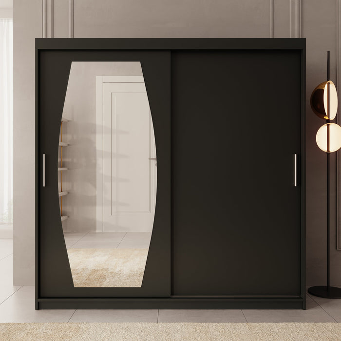 Meubella - Kledingkast Azai - Zwart - 200 cm - Met spiegel