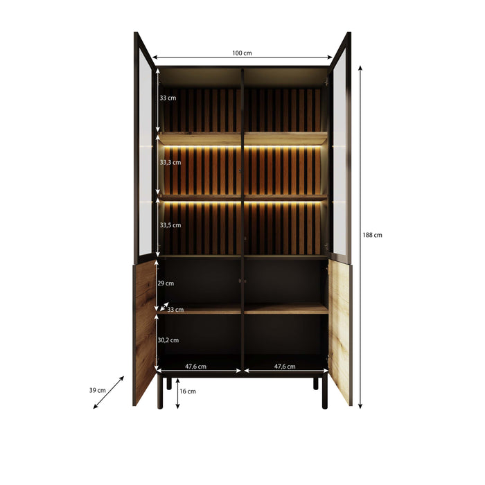 Meubella - Vitrinekast Ludwig - Zwart - Eiken - 100 cm - Hoog