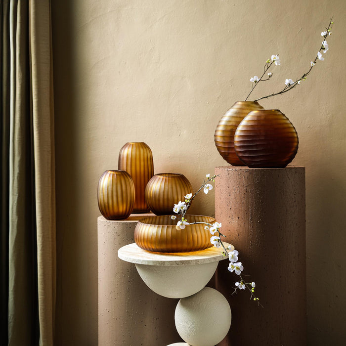 PTMD Lavanya Brown Carved Glass Oval Vase Ribbed S