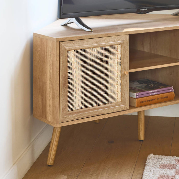 sweeek - Hoek-TV-meubel in houtdecor en rotan, 2 deuren, 1 plank, 115