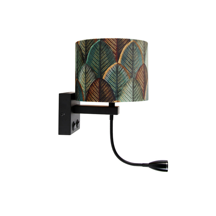 QAZQA Wandlamp zwart met velours lampenkap blad dessin met gouden