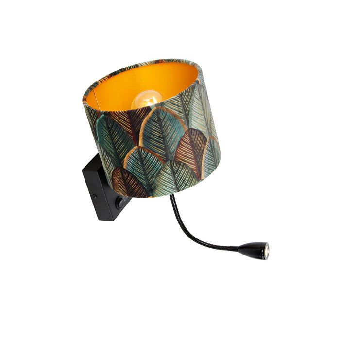 QAZQA Wandlamp zwart met velours lampenkap blad dessin met gouden