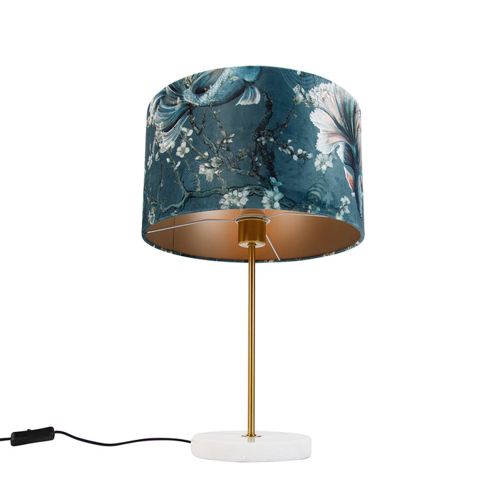 QAZQA Tafellamp messing met velours lampenkap vis dessin 35cm - Kaso