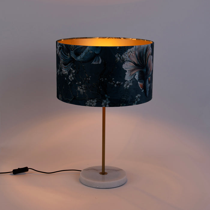 QAZQA Tafellamp messing met velours lampenkap vis dessin 35cm - Kaso