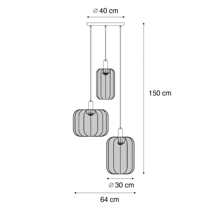 QAZQA Japandi hanglamp zwart en goud met beige kap 3-lichts - Pluni