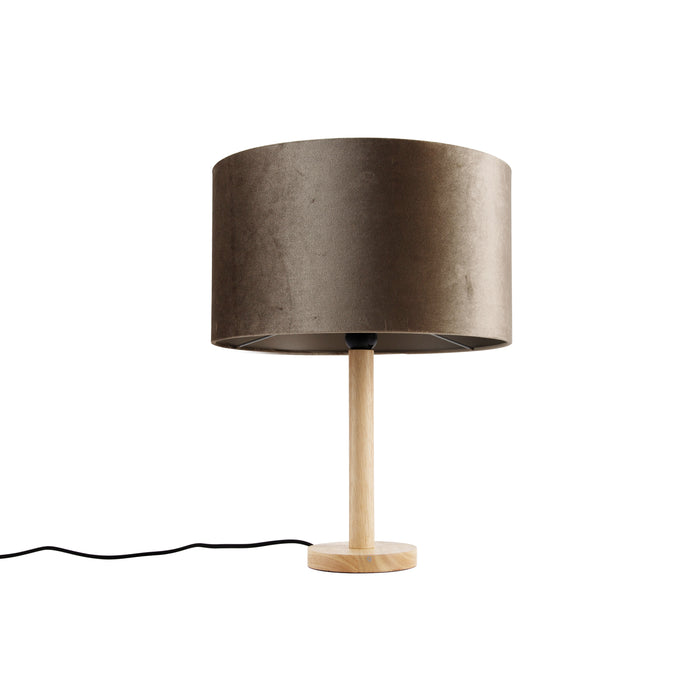 QAZQA Tafellamp hout met velours kap taupe 35cm - Mels