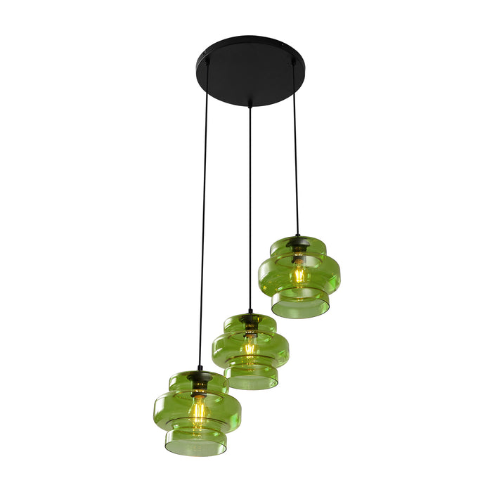 QAZQA Retro hanglamp zwart met groen glas 3-lichts - Denise