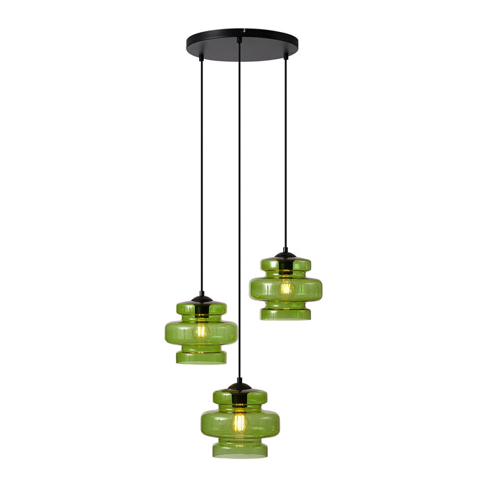 QAZQA Retro hanglamp zwart met groen glas 3-lichts - Denise
