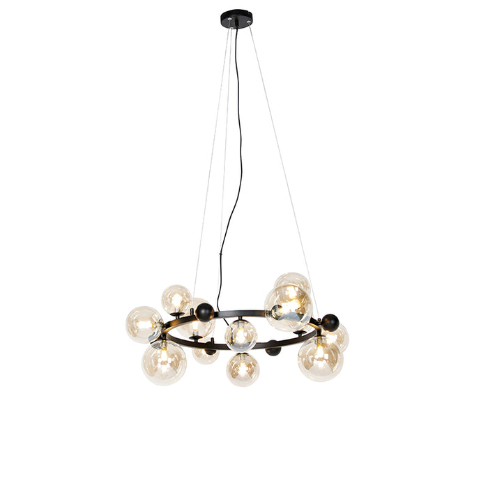 QAZQA Smart hanglamp zwart met amber glas 12-lichts incl. 12 Wifi G9