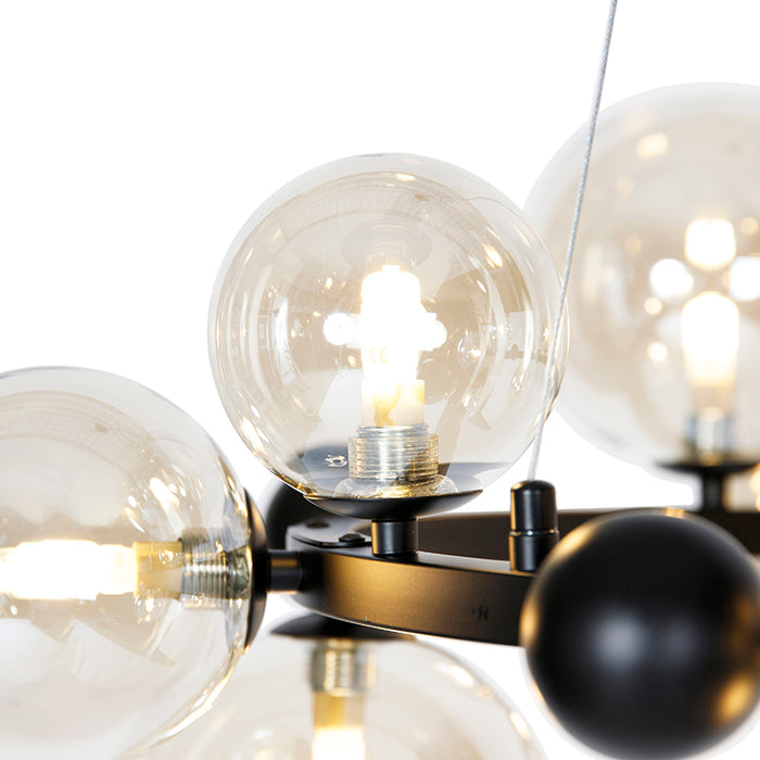 QAZQA Smart hanglamp zwart met amber glas 12-lichts incl. 12 Wifi G9