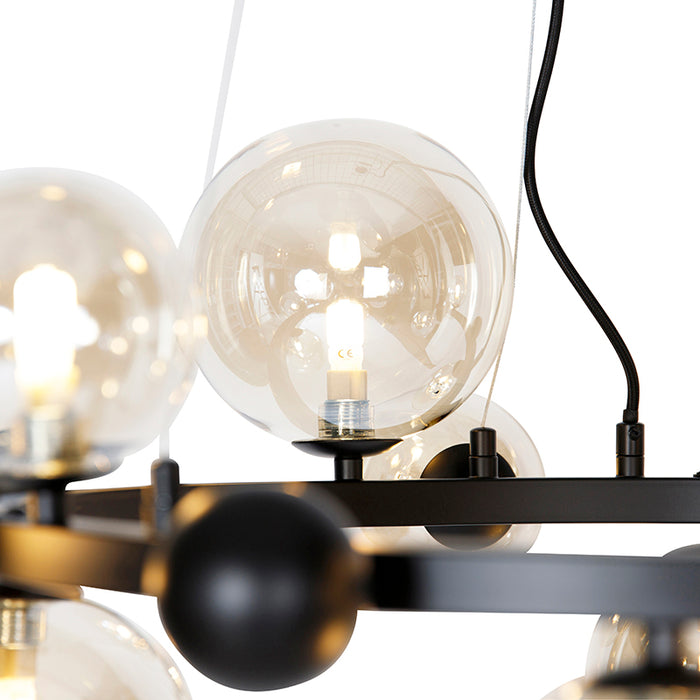 QAZQA Smart hanglamp zwart met amber glas 12-lichts incl. 12 Wifi G9