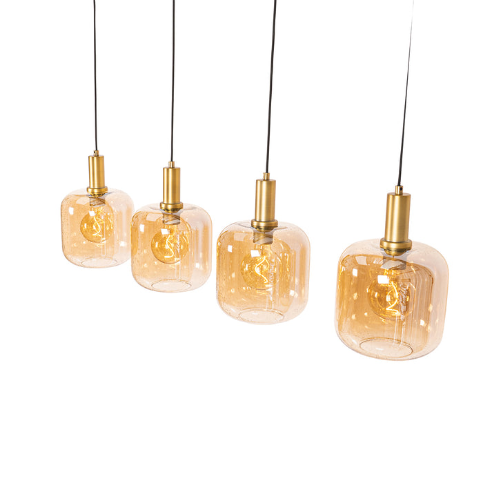 QAZQA Smart hanglamp zwart met messing en amber glas 4-lichts incl. 4