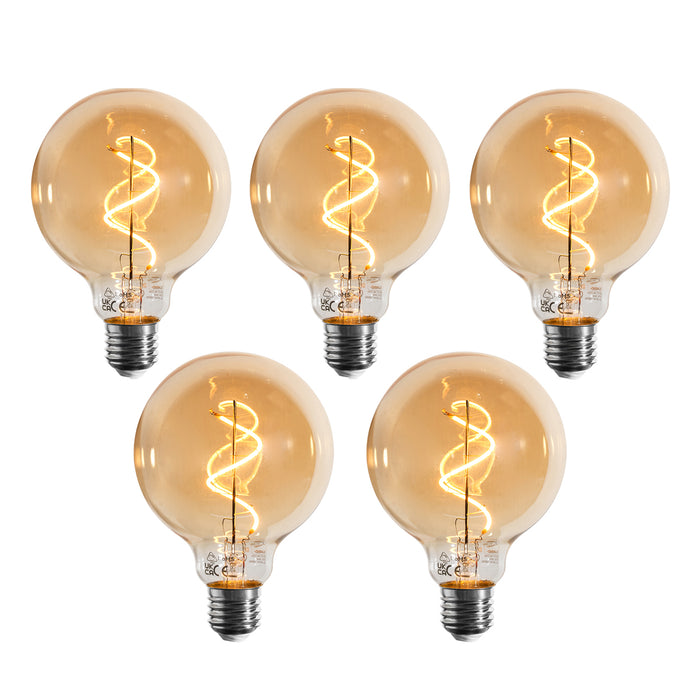 LUEDD Set van 5 E27 dimbare LED lamp spiraal filament G95 goud 4W 270