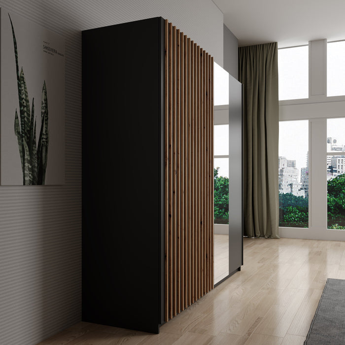 Meubella - Kledingkast Deliryon - Zwart - 200 cm - Met spiegel