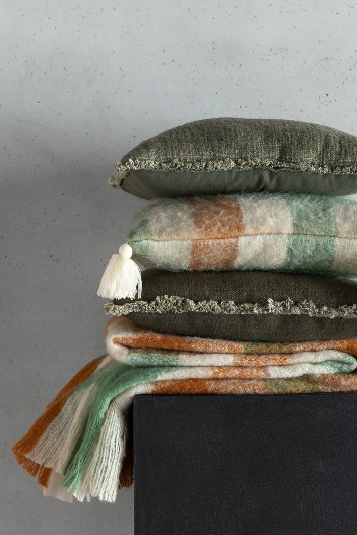 J-Line plaid Ruitjes + Franjes - textiel - wit|groen|bruin