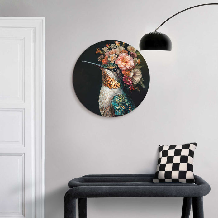 Reinders - Kolibrie met bloemenkroon - Glasschilderij Ø 50 cm - Bont