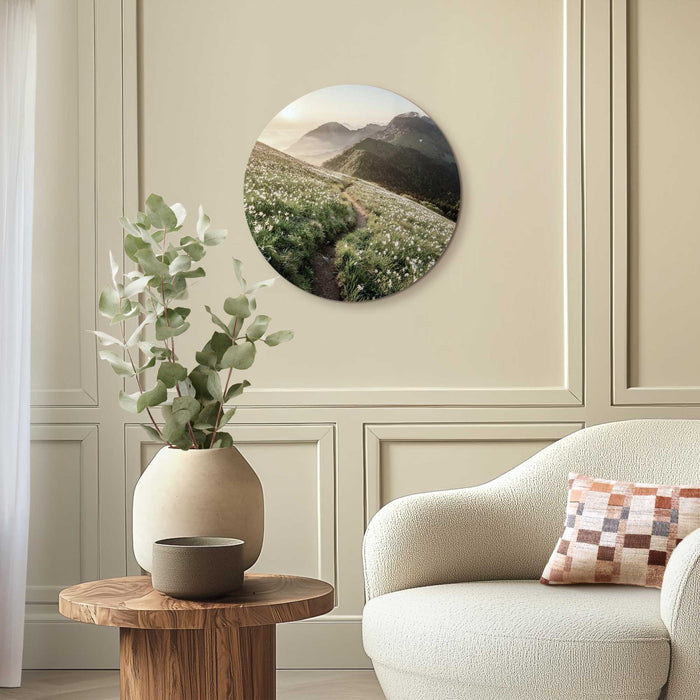 Reinders - Bergbloei in de ochtendzon - Glasschilderij Ø 50 cm - Groen