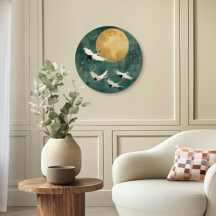 Reinders - Kraanvogels in de nacht - Glasschilderij Ø 50 cm - Groen