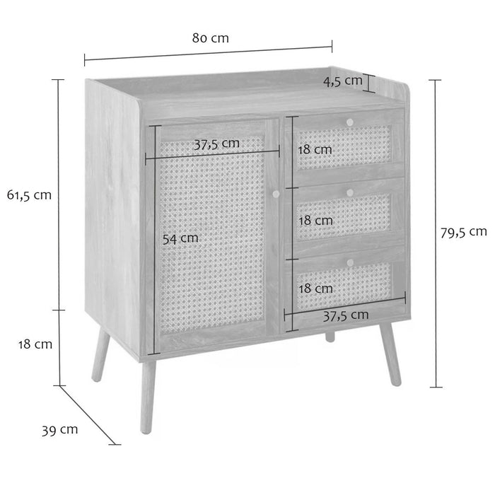 Calicosy - Ladekast 1 deur 3 laden PALMO - L80 cm - Rotan