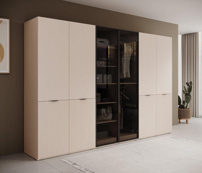 Meubella - Kledingkast Shelton - Beige - 303 cm - Met glas