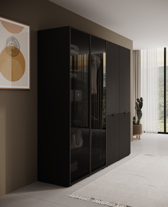 Meubella - Kledingkast Shelton - Zwart 3 - 202 cm - Met glas