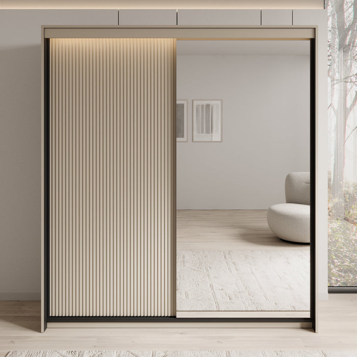 Meubella - Kledingkast Timoteo - Beige - 200 cm - Met spiegel